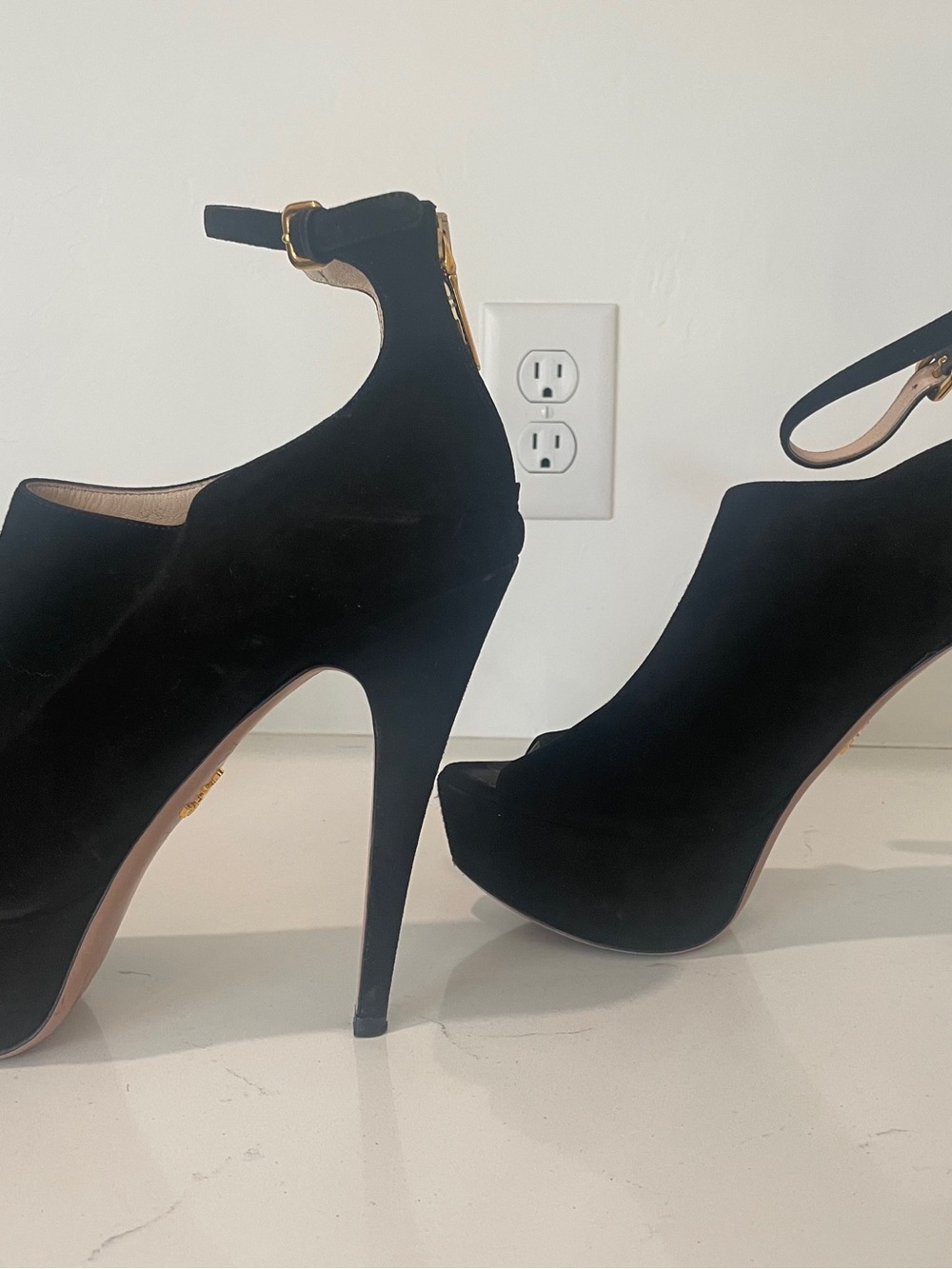 Prada Black Suede Platform Ankle-Strap Heels